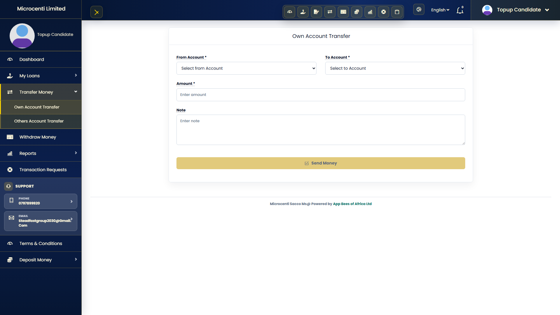 Customer money movement view screenshot