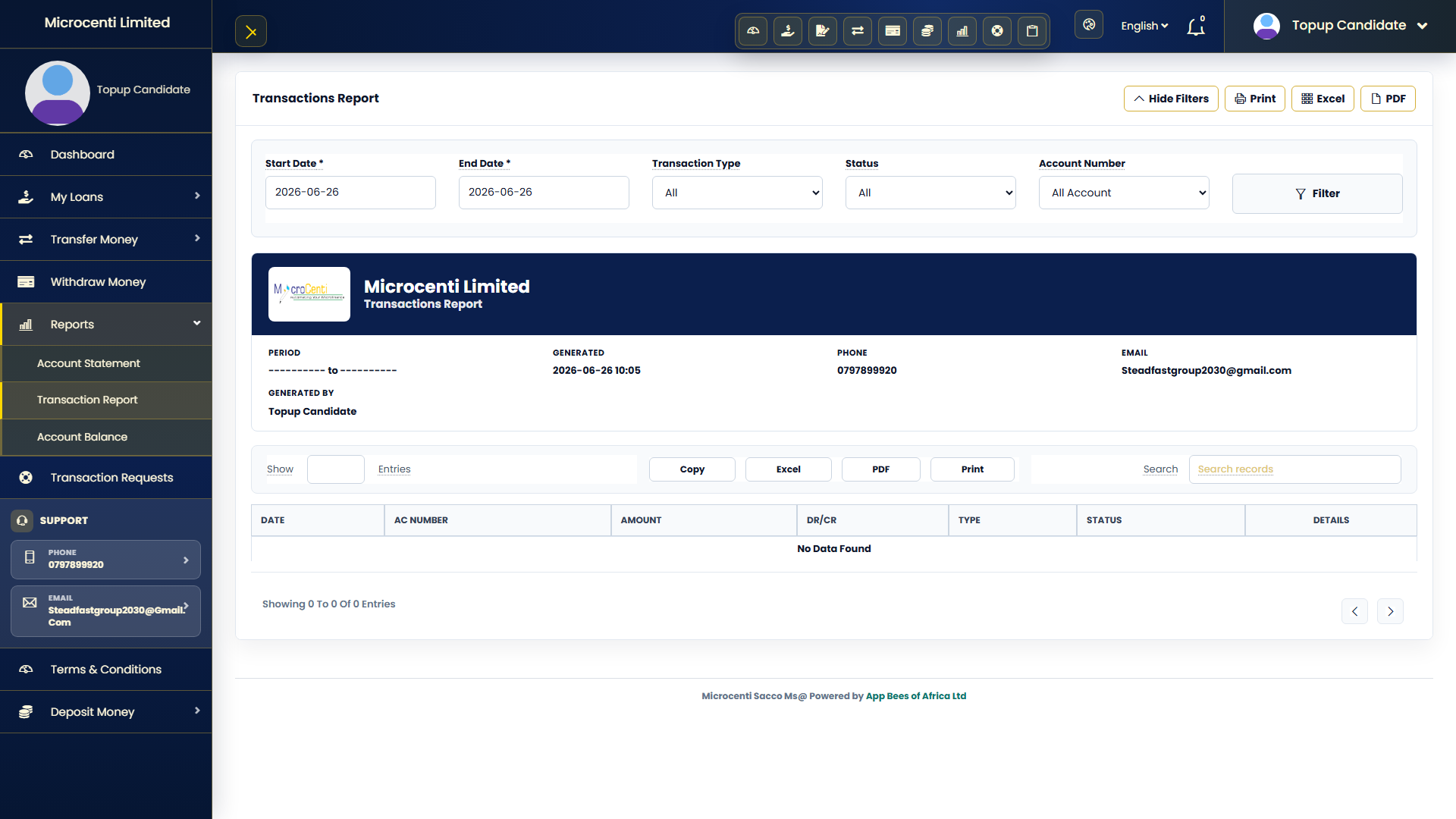 Customer transactions screenshot