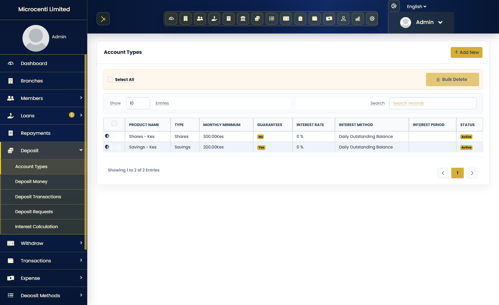 Deposit products and account assignment view screenshot