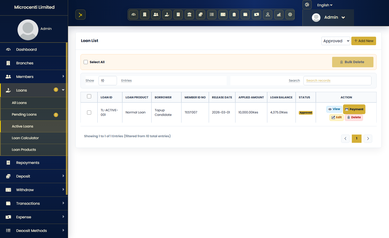 Loan management and repayment view screenshot