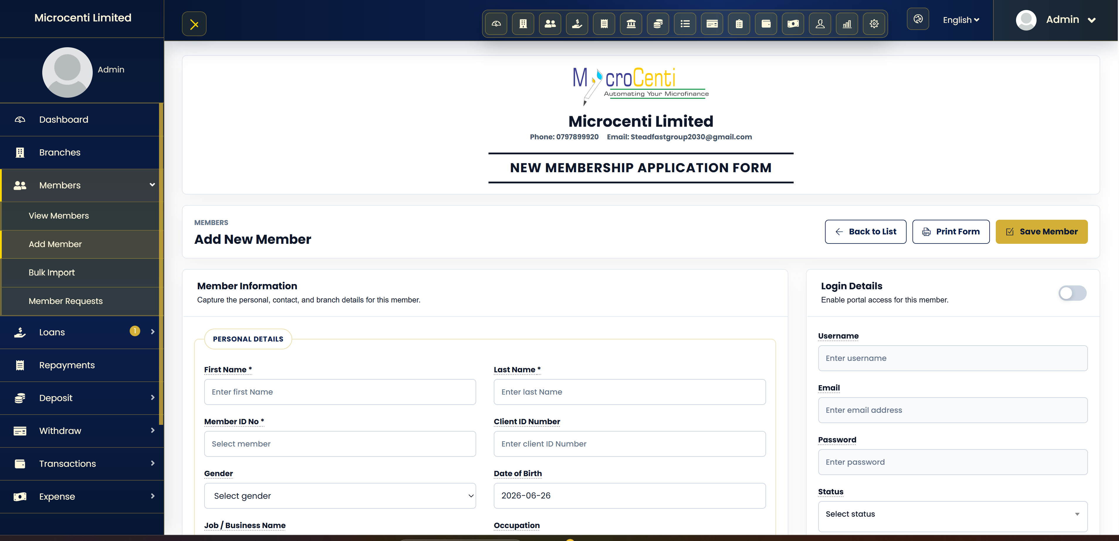 Member Registration screenshot from Microcenti